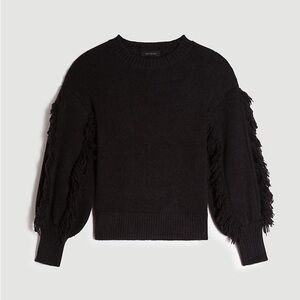 Ann Taylor Black Crewneck Sweater with Fringe Sleeve Detail